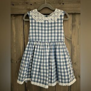 Osh Kosh Genuine Kids Toddler Girls Dress 5T Gingham Blue White Cotton Lace EUC